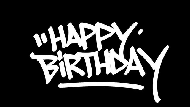 Graffiti tag animation spelling &ldquo;Happy Birthday&rdquo; in white on black background. Urban street art style with dynamic handstyle writing and spray paint effect.
