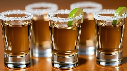 Golden Tequila Shots with Salted Rims and Lime Wedges Ready for Celebration