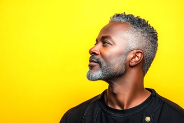 Fototapeta premium A graceful mature man with a modern hairstyle. A man with expressive eyes and a joyful gaze. A studio shot capturing the essence of a modern man. A peaceful and content male enjoying his portra.