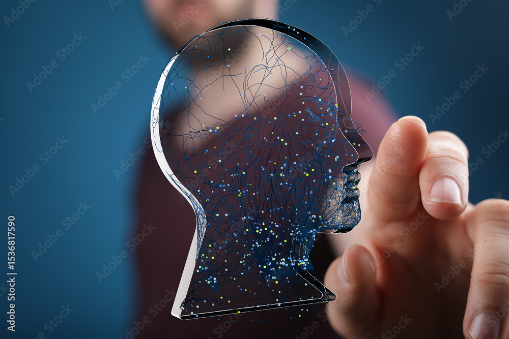 Poster abstract image of a human head with neural network connections. ai, technology, mind.