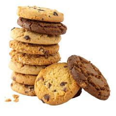 Delicious stack of chocolate chip cookies isolated on transparent background