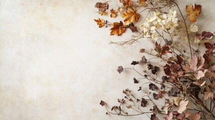 Dried autumnal leaves and flowers arranged on a textured surface.