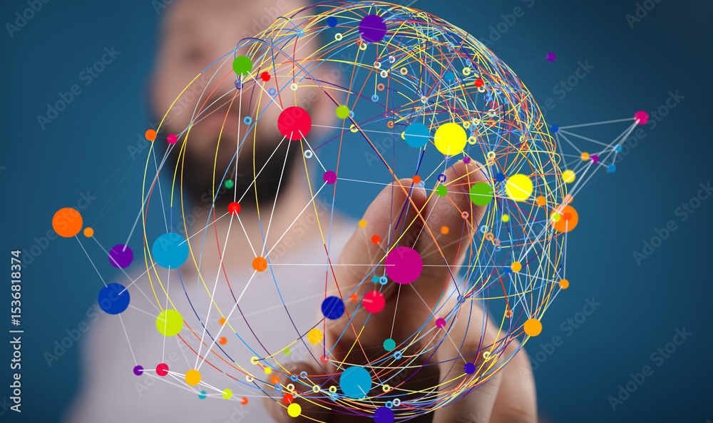 Poster Abstract image of a man's hand interacting with a colorful digital network sphere, representing global connectivity and data visualization.