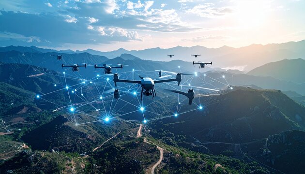 Autonomous drone swarm creating temporary communication network over rugged mountain terrain