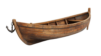 Old Wooden Boat with Anchor isolated on transparent white background, clipping path