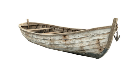 Old Wooden Boat with Anchor isolated on transparent white background, clipping path