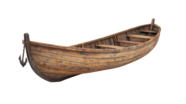Old Wooden Boat with Anchor isolated on transparent white background, clipping path