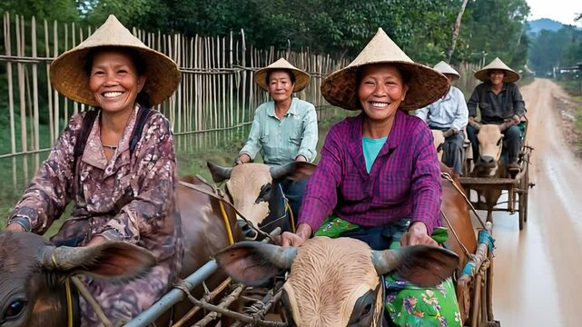 Smiling women riding ox carts along a rural road in a lush green landscape, showcasing traditional agriculture practices