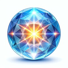 Vibrant geometric crystal sphere with glowing facets. Healing crystal orb casting geometric light.