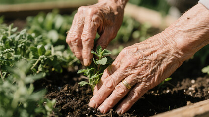 Close-up of wrinkled hands planting herbs in a community wellness garden