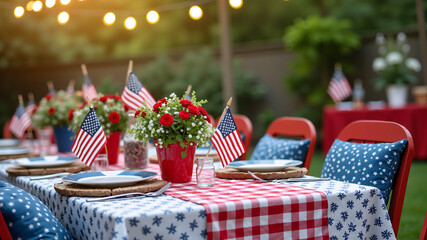 festive backyard BBQ party setup with red, white, and blue table decorations, string lights, and American flags
