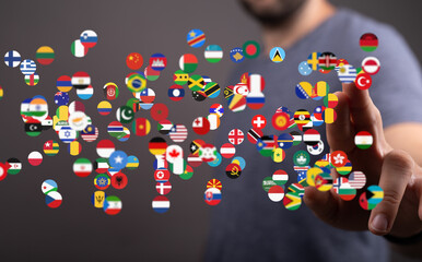 International connections, world map, global business, travel, flags of the world, diversity, globalization, international relations, worldwide network.