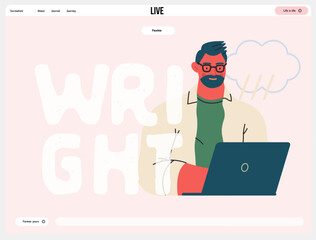 Writing people, modern flat vector concept illustration- sitting man thoughtfully writing on laptop, bubble near head Metaphor for reflection, personal insight, contemplation, creative expression