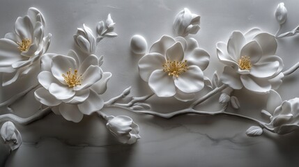 Ornate white flowers in a 3d relief design.