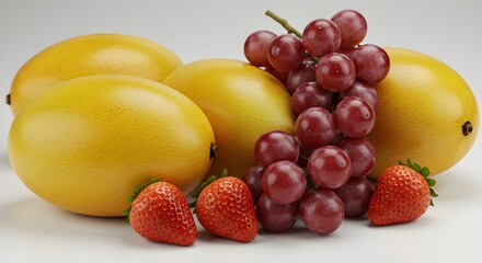 Fresh Yellow Mangoes, Red Grapes, and Ripe Strawberries Still Life Product Shot