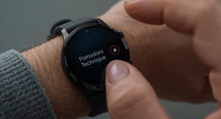 Close up of smart watch showing pomodoro technique on wrist with finger touching the screen device