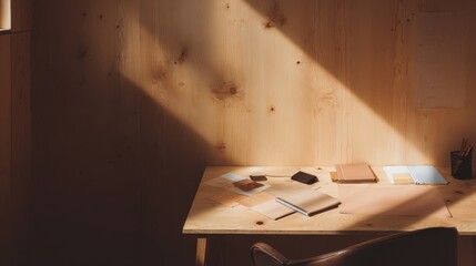 Tranquil workspace with wooden desk bathed in warm golden sunlight, neatly arranged notebooks, electronic device, papers, and black cup with writing instruments.