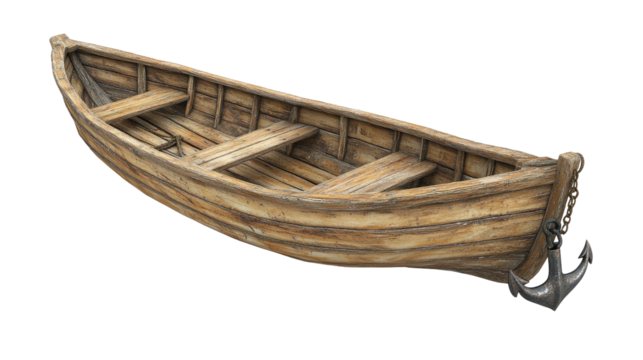 Old Wooden Boat with Anchor isolated on transparent white background, clipping path