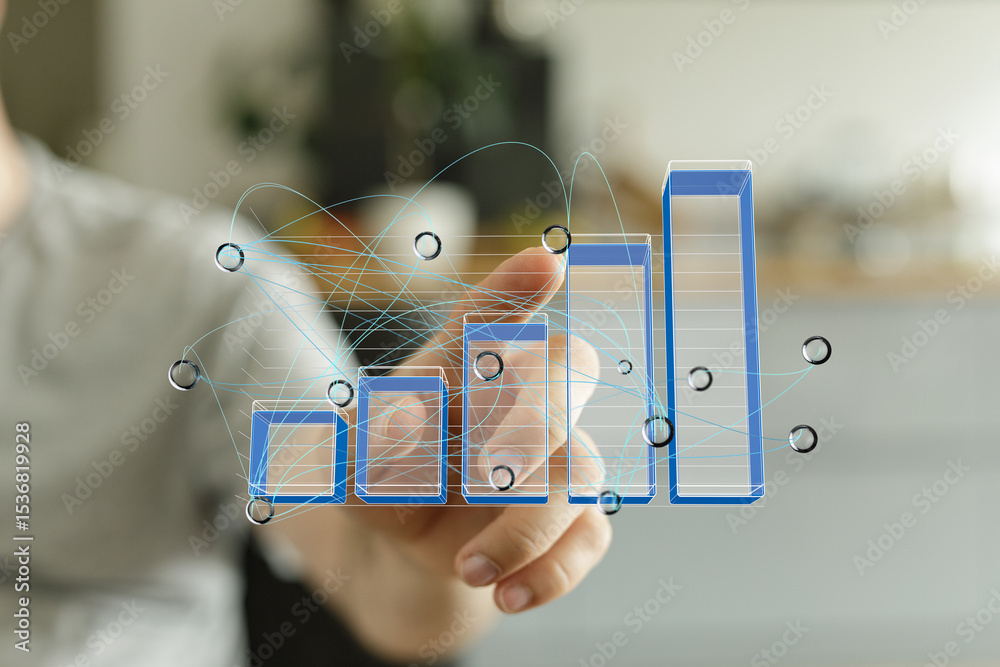 Poster person interacts with a digital graph showing business growth, data analysis, and progress.