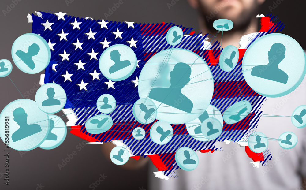 Poster Visualizing the vast network of online connections among US citizens.  Data visualization.