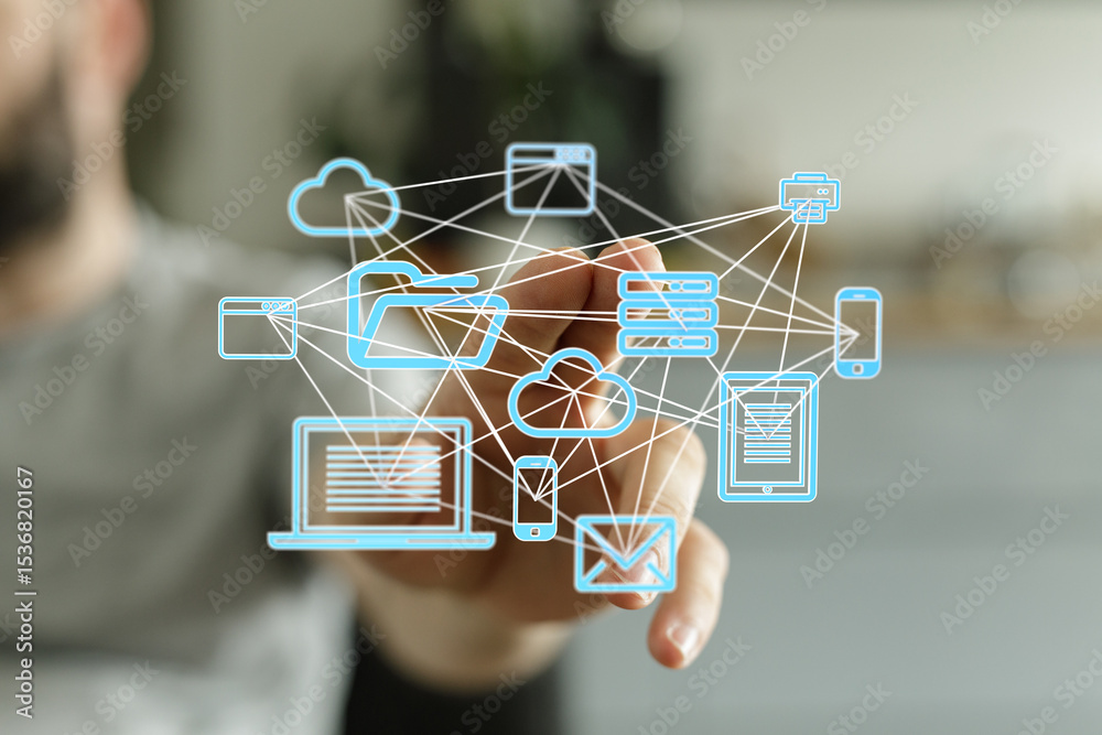 Poster Seamless data exchange across devices. Cloud computing, network, technology.