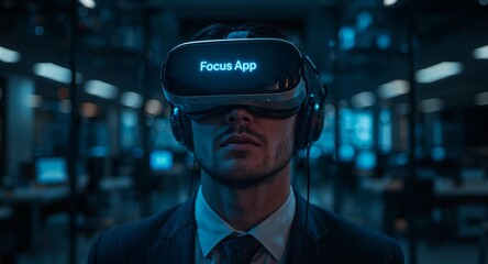 A man in a suit wearing a vr headset with the words focus app displayed on the screen of the device