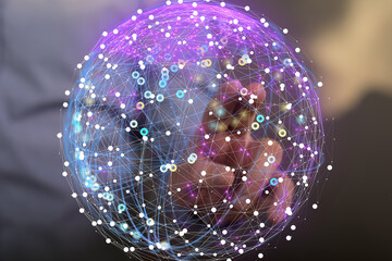 Abstract image of a hand interacting with a digital sphere, representing global network connections...