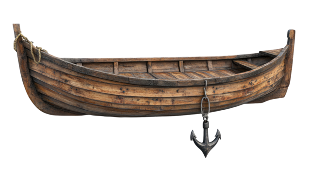 Old Wooden Boat with Anchor isolated on transparent white background, clipping path