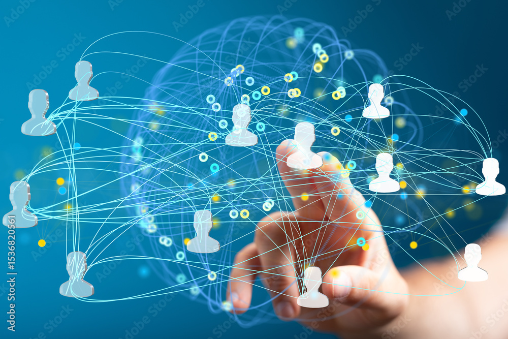 Aufkleber Image depicts a hand interacting with a digital network of interconnected profiles, representing global communication and networking.