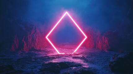 Neon pink diamond-shaped portal in a rocky landscape.