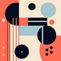 Obraz premium Modern abstract Constructivism art featuring circles, lines, and blocks in vivid orange, black, and white