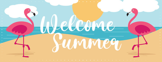 Colorful welcome summer vacation banner with flamingos on the beach. Hand drawn vector illustration. 