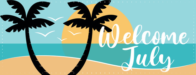 Colorful welcome summer vacation banner with palm trees on the beach. Hand drawn vector illustration. 