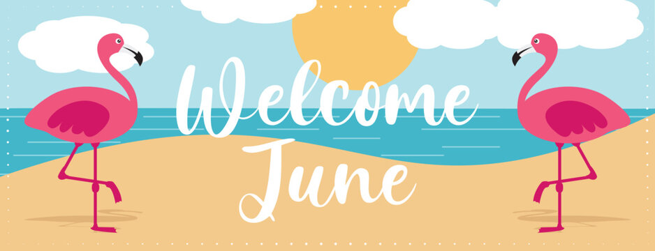 Colorful welcome summer vacation banner with flamingos on the beach. Hand drawn vector illustration. 