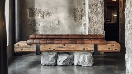 Rustic bench with leather upholstery rests on a thick wooden beam supported by stone plinths