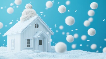 A small, white house with a knitted hat sits in a snowy landscape.