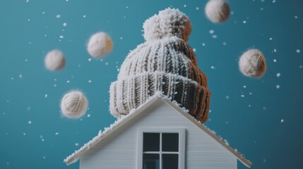 Knitted winter hat atop a snowy miniature house.