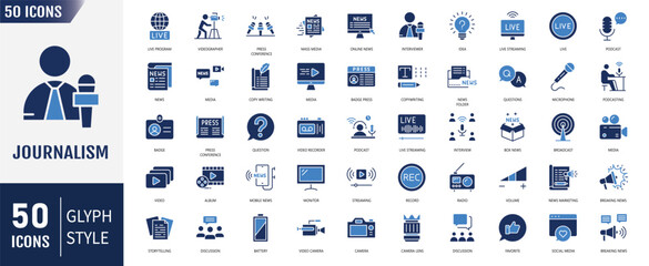 Journalism flat icon set. Containing journalist, press, news, reporter, podcast, microphone, interview, newspaper, and more. Vector illustration