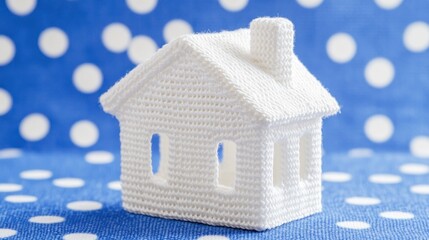 White crocheted house figurine on a blue polka dot background.