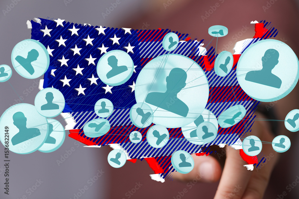 Poster visual representation of social connections across the united states. network map overlayed on a us 