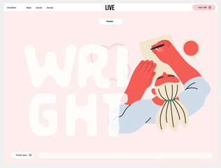 Writing people, modern flat vector concept illustration- sitting woman thoughtfully writing on paper, bubble near head, top view. Metaphor for reflection, insight, contemplation, creative expression