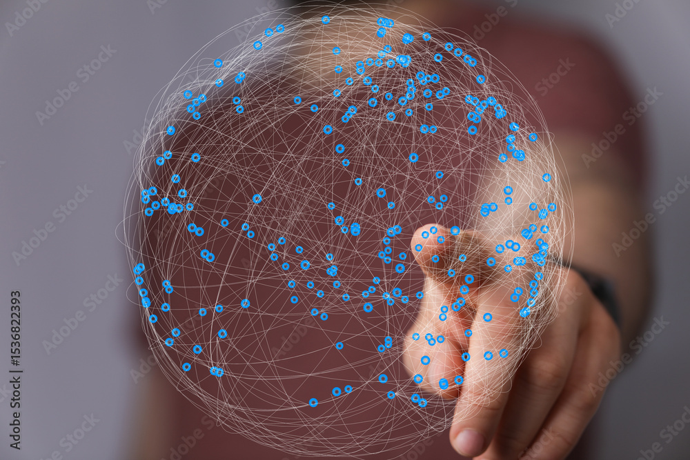 Poster Abstract image of a hand interacting with a digital sphere representing global network connections.