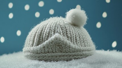Knitted winter hat resting on a bed of snow.