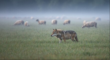 A lone Eurasian wolf stands alert in a misty meadow, observing a flock of sheep grazing peacefully in the distance.