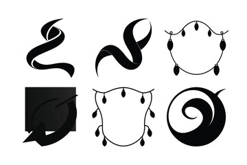A Collection of Decorative Black and White Graphic Designs Featuring Ribbons, Lights, Arrows, and a Swirl