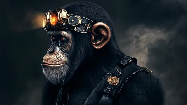 Chimpanzee in steampunk style with metal goggles and leather gear on dark background