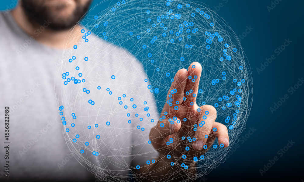 Poster abstract image of a person connecting to a global network, representing technology, communication, a