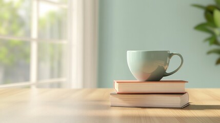 Simple ceramic coffee mug placed on top of a closed bookstack on a light wooden table near a bright window in a cozy home interior scene