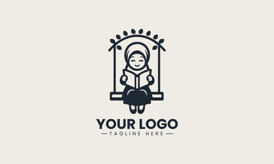 Obraz premium Smiling young Muslim girl in hijab joyfully reading a storybook on a playful wooden swing vector logo cartoon design