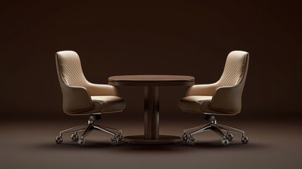 Beige leather chairs and round table.  Dark brown backdrop.  Studio shot